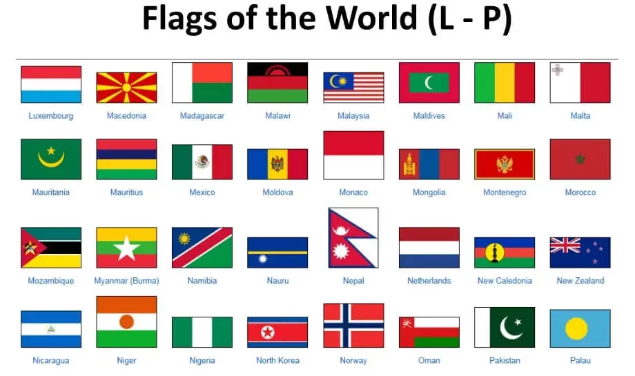 all country flags with names in the world pdf. L-P